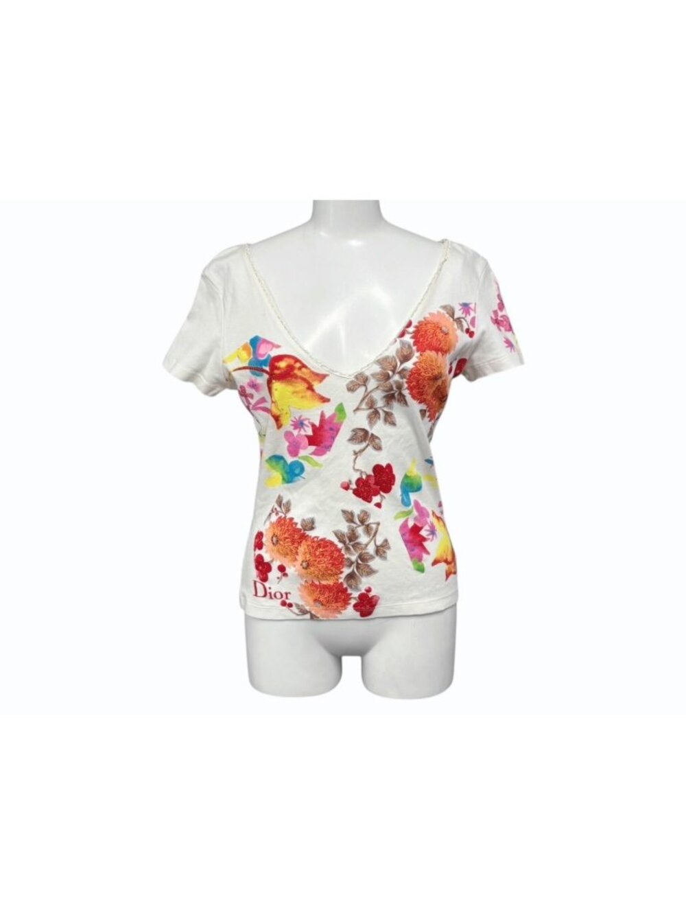 Dior V-neck Short Sleeve T-Shirt Multicolor Galliano Era All Over Print 40